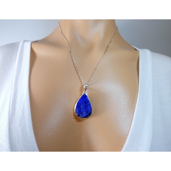 Natural Deep Blue Raw Lapis Lazuli 925 Sterling Silver Pendant - Picture 2 of 5
